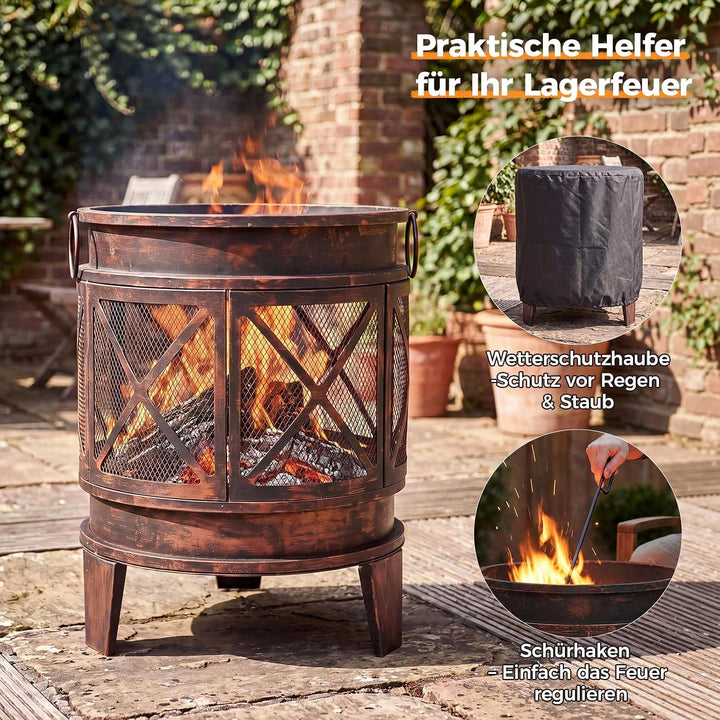 SMOOL Runde Feuerschale, Multifunktionale Garten Feuerstelle Stahl Outdoor | Set inklusive Schürhake