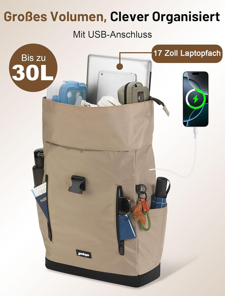 Rucksack Damen & Herren, 24-30L Rolltop Rucksack Laptoprucksack mit 17 Zoll Laptopfach & USB Anschlu