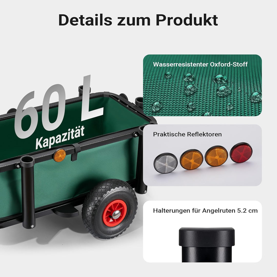 Wiltec Angelwagen mit Tasche, Angel Trolley bis 50 kg, Transportkarre mit 60 l Volumen, Bollerwagen