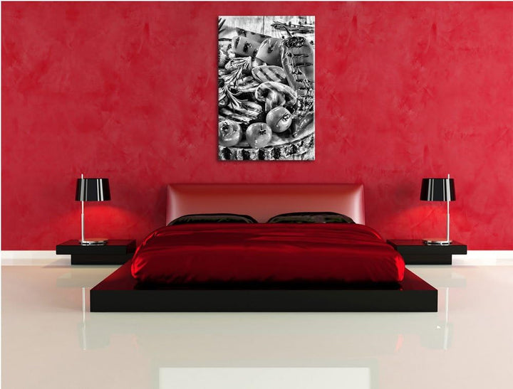 Pixxprint Grillplatte auf Baumstammteller / 100x70cm Leinwandbild bespannt auf Holzrahmen/Wandbild K