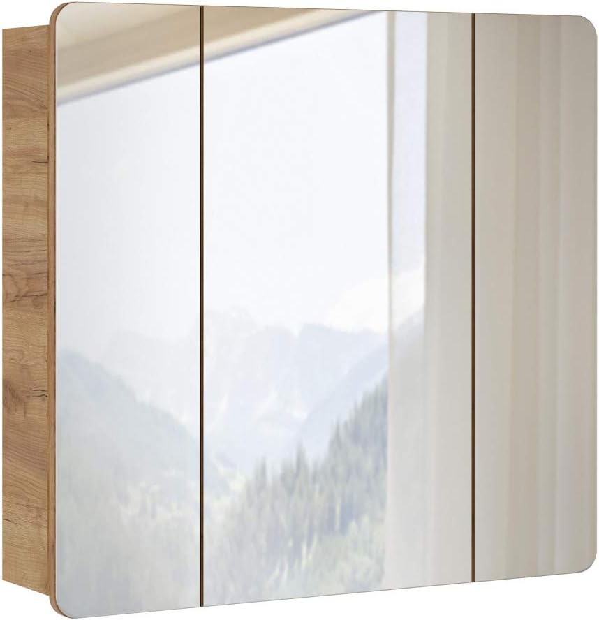 Lomadox Badmöbel Spiegelschrank 80cm, Wotaneiche Nb. 3-türig, B/H/T ca. 80/75/16cm, 80 cm breit, ohn