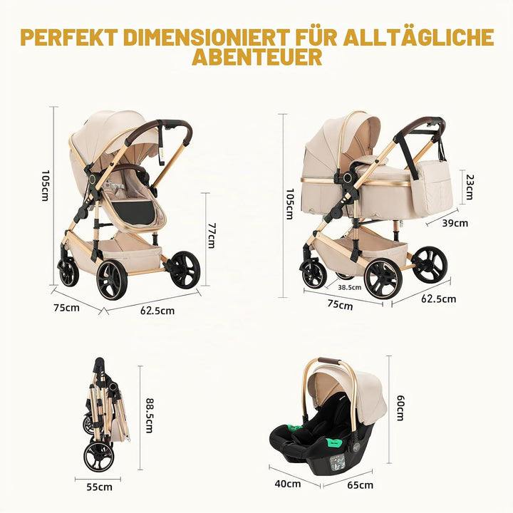 BEBBY 3-in-1 Kinderwagen KombiKinderwagen-Set 2-in-1 Buggy faltbar Luxus Hochlandschaft Neugeborenes