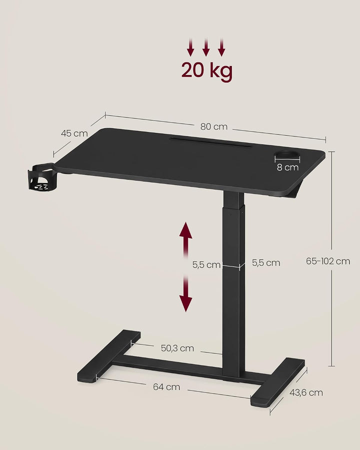 VASAGLE Beistelltisch mit Rollen, mobiler Stehtisch, 80 x 45 cm grosse Tischplatte, verstellbare Höh