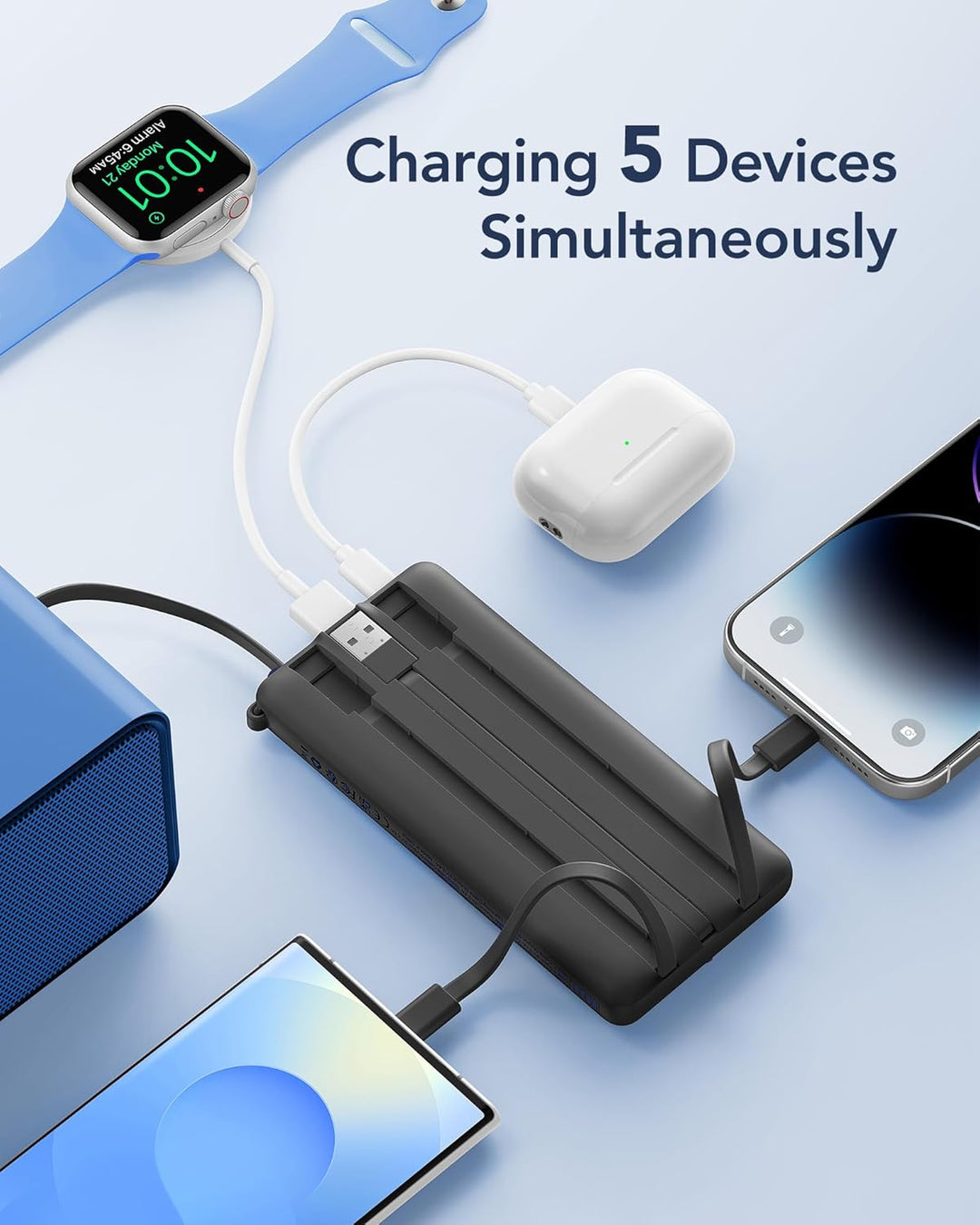 VRURC Power Bank mit 4 Kabel 10000mAh Powerbank Tragbares Ladegerät USB C Externer Handyakkus LED Di