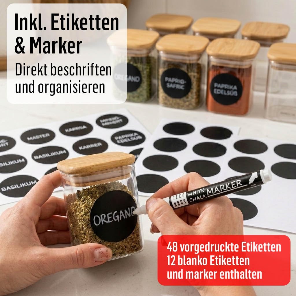 Deco haus® Gewürzgläser eckig luftdicht mit Holzdeckel 20er Set [+Etiketten] - Gewürzdosen Set Glas