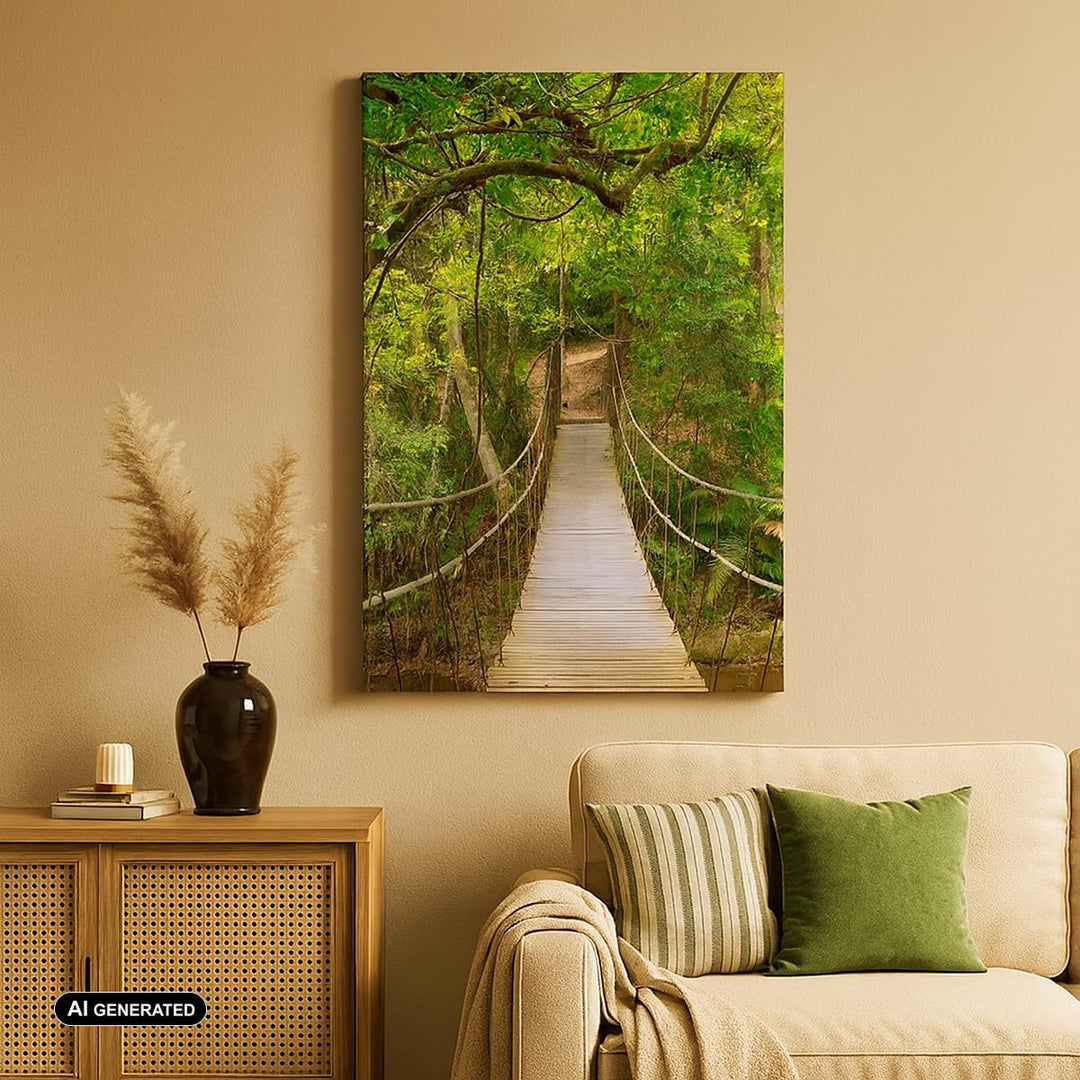 Bilder auf Leinwand Fussgängerbrücke Wald Abenteuer Leinwandbild mit Rahmen 45x80cm Wandbilder Dekor