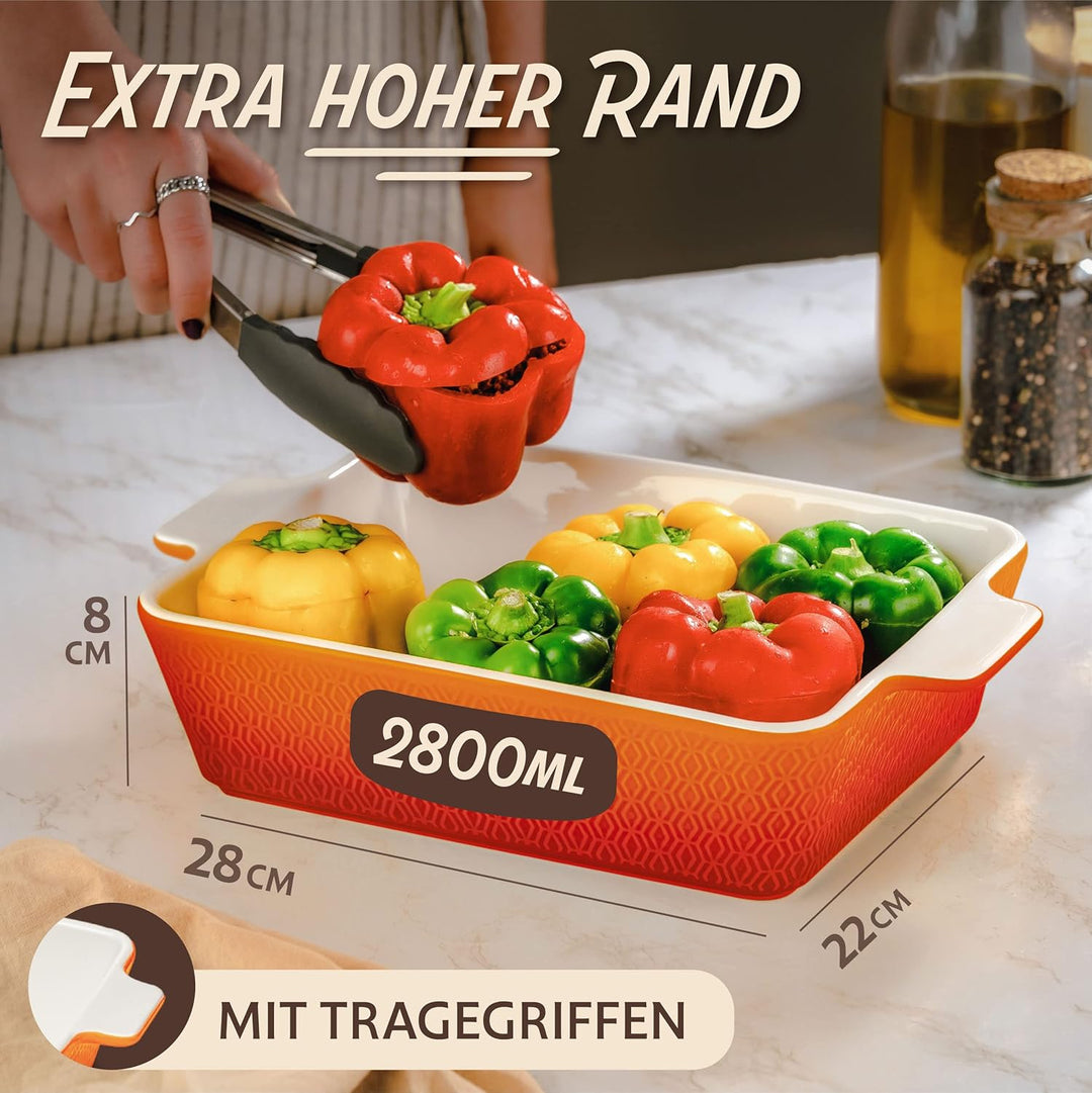Auflaufform Gross aus Keramik - Extra Hoher Rand - Für Lasagne, Tiramisu & Auflauf - Orangerot, Oran