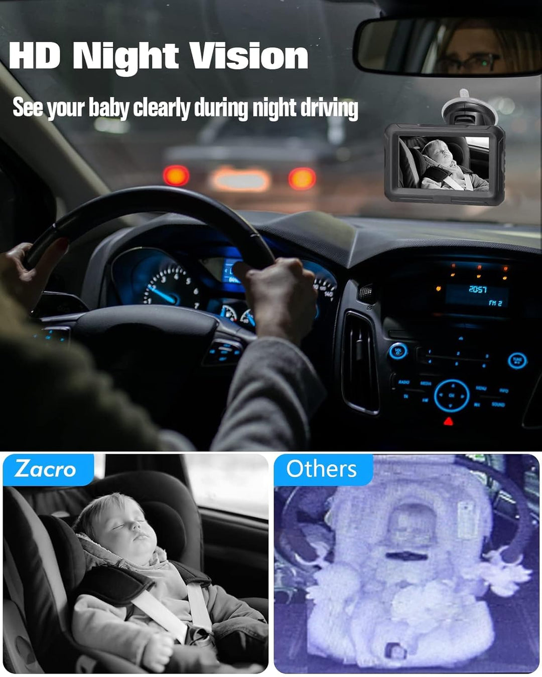 Zacro Baby Auto Spiegel HD 1080P mit Kamera, Auto Rücksitzspiegel , Babyspiegel Rückansicht Monitor,