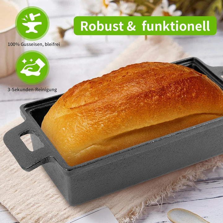 2PC Gusseiserne Brotbackform rechteckig mit Deckel 25cm Doppelohr Ideal für Ofen, Herd, Induktion &