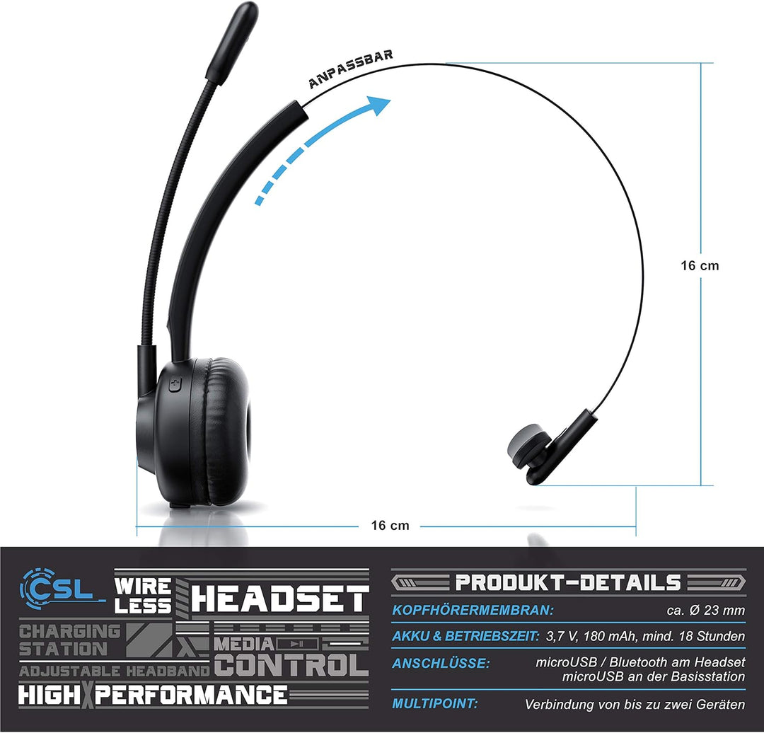 CSL - kabelloses Headset mit Ladestation - Mono Bluetooth Headset mit Mikrofon - USB Ladeport - Mult