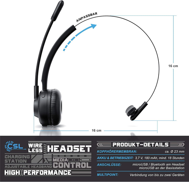 CSL - kabelloses Headset mit Ladestation - Mono Bluetooth Headset mit Mikrofon - USB Ladeport - Mult