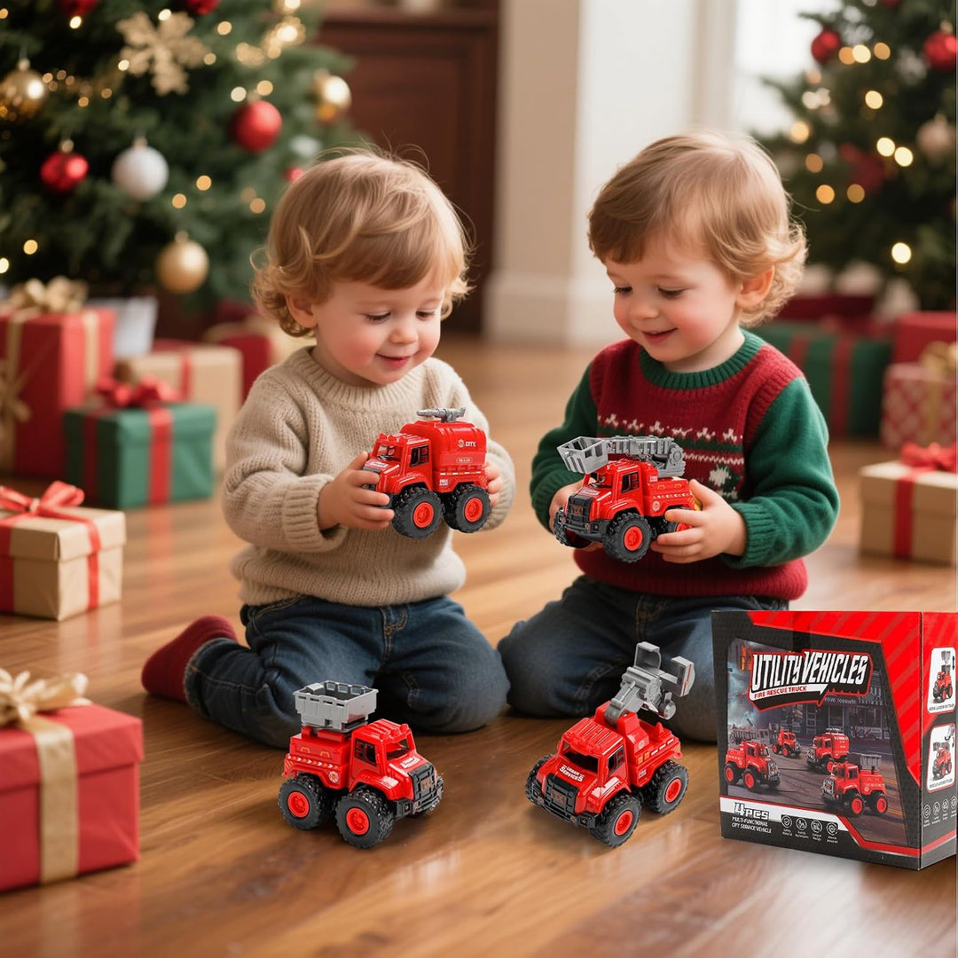 4er Set Feuerwehrautos Spielzeug für Kinder – Push and Go Feuerwehr Fahrzeuge ohne Batterie – Inkl.