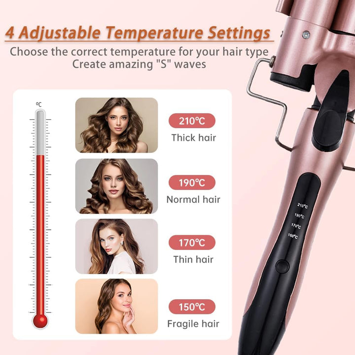 Aischens 3 Fässer Welleneisen 25mm, Lockenstab mit 3 Stangen mit 4 Einstellbaren Temperaturen, Welle