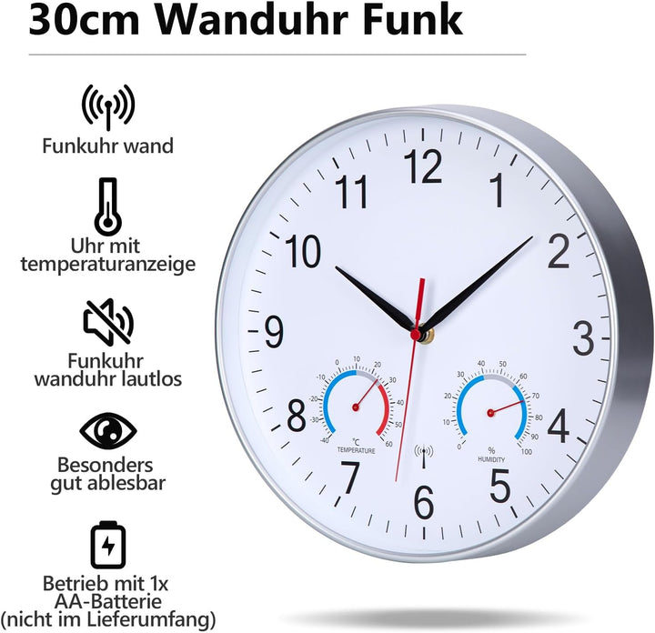 Wanduhr Funk Uhr Mit Temperaturanzeige und Luftfeuchtigkeit Funkuhr Wand Funkwanduhr 30cm Moderne Kü