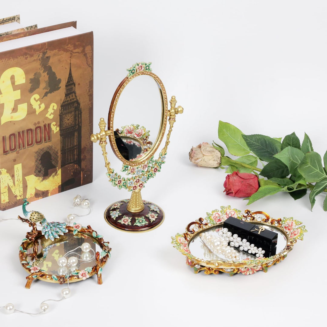 Decorative Peacock Vanity Mirror Tray, Enamelled Metal with Floral Design, Turquoise and Gold