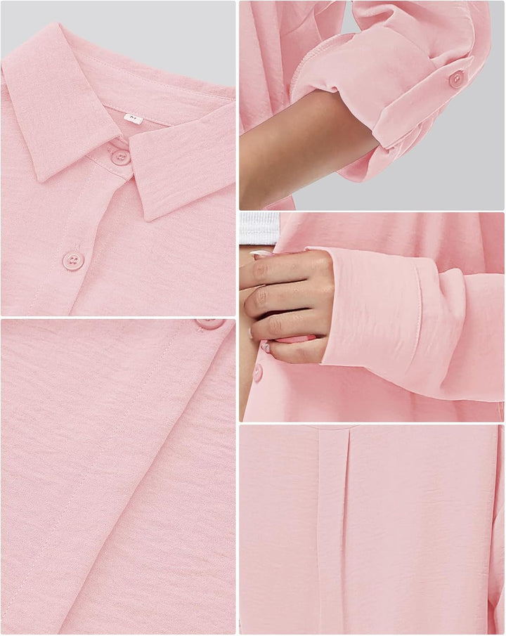 Damen Bluse V-Ausschnitt Hemdbluse Langarm Lässiges Hemd zum Knöpfen Langarmshirt Casual Oberteile A