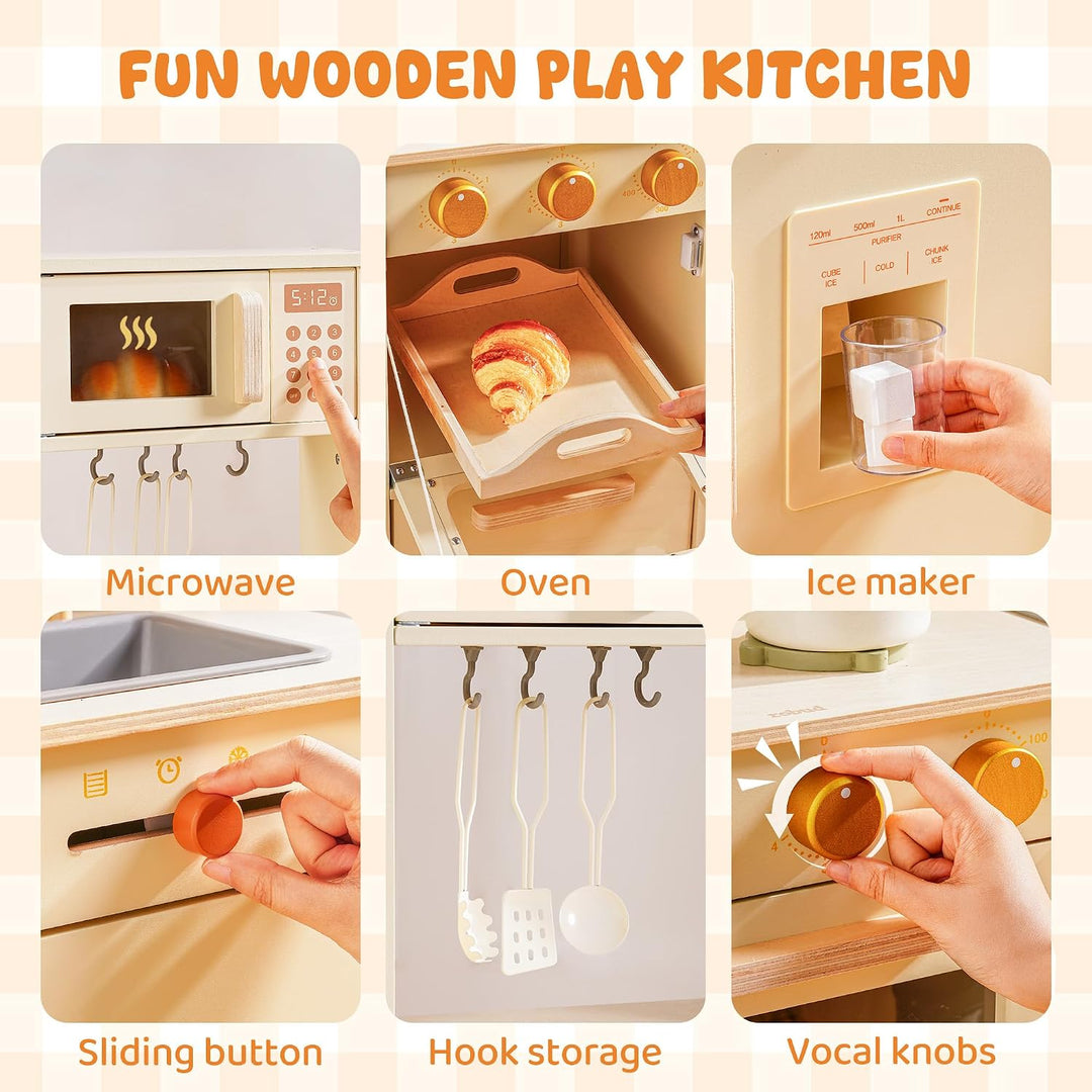 ROBUD Kinderküche aus Holz – Spielküche mit Kühlschrank, Eiswürfelspender, Backofen &amp; Zubehör, Rolle