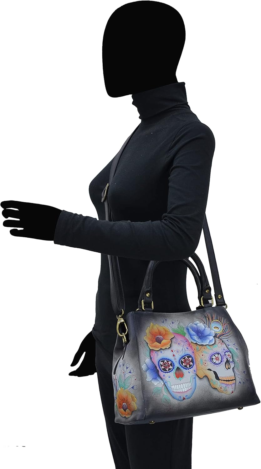 Anuschka Handbemalte Satchel Tasche mit mehreren Fächern aus Echtleder Calaveras De Azúcar, Calavera