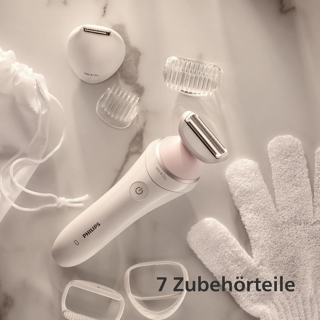 PHILIPS Lady Shaver Series 6000, Kabelloser Rasierer mit 6 Zubehörteilen Körperpeeling-Handschuh, Tr