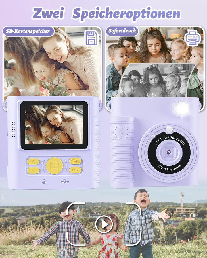 CKATE Kinder Fotokamera Sofortdruck, Kinder Kamera mit 2 Shutters, 1080P HD Sofortbildkamera 32G SD