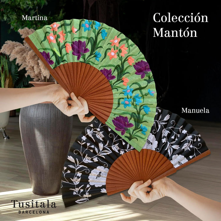 Spanischer Handfächer Mantón – Holz und Baumwolle – 23 cm – Jute-Hülle und -Bezug – Modeaccessoire –
