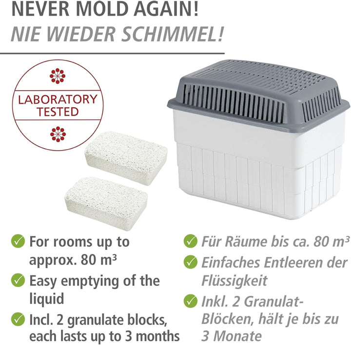WENKO Feuchtigkeitskiller mit 2 x 1 kg Granulatblock, Raumentfeuchter, fasst bis zu 1,4 Liter Feucht