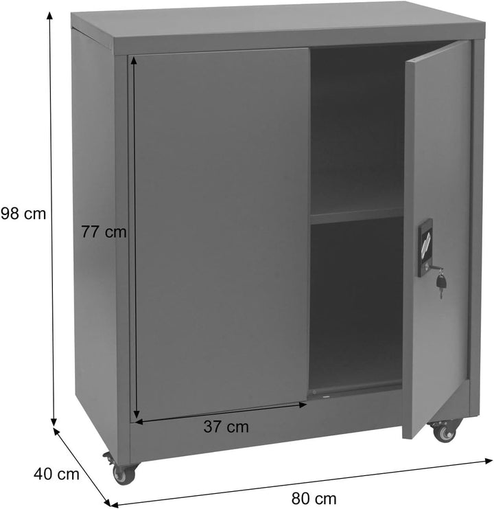 Aktenschrank HWC-O50, Büroschrank Stahlschrank mit Rollen, 2 Türen abschliessbar, Stahl 98x80x40cm -