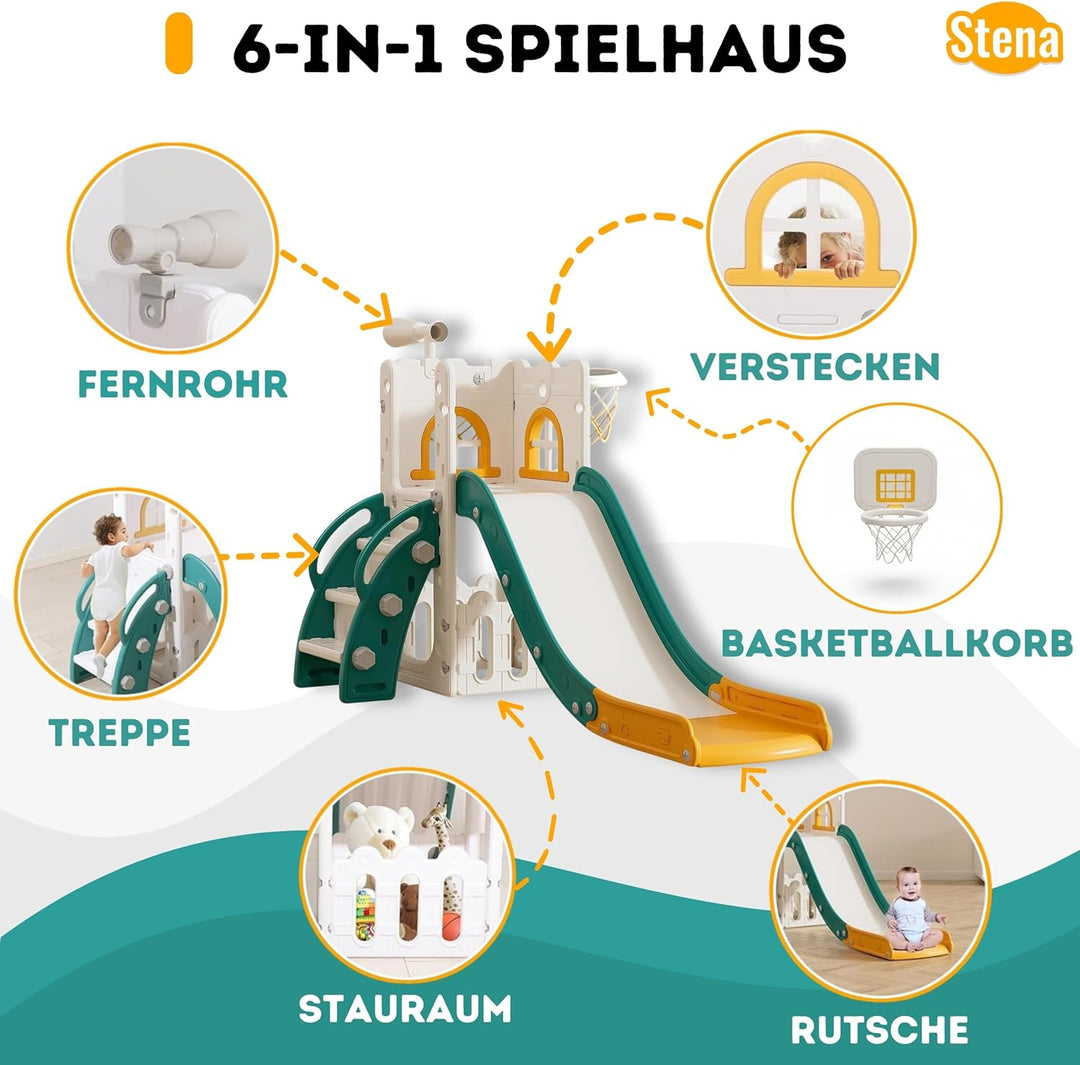 Stena Spielhaus mit Rutsche, Basketballkorb, Ball &amp; Spielzeug-Teleskop - Indoor &amp; Outdoor - Spieltur