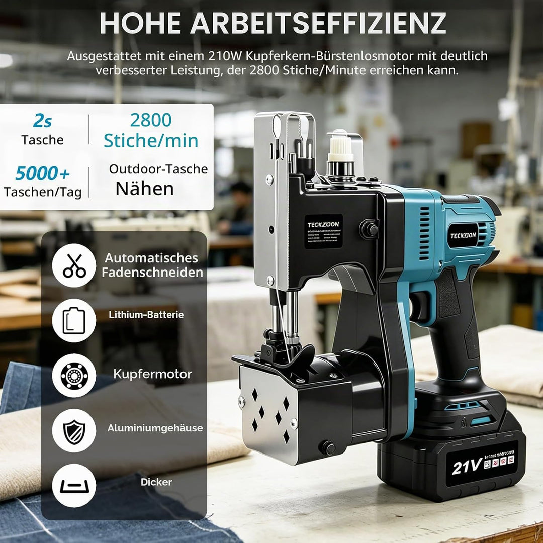 Elektrische Sacknähmaschine,Tragbare Akku Taschennähmaschine mit 2 Batterie, Stichlänge: 7–11mm, Näh