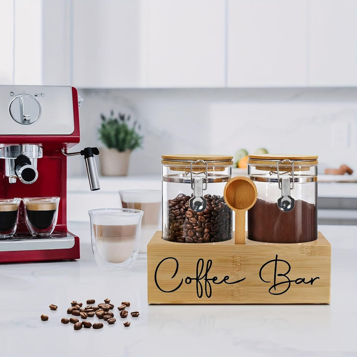 Kaffeedosen-Set aus Glas mit Bambusregal und Löffel, 2 luftdichte Behälter (je 1,3 l) für Kaffeebohn
