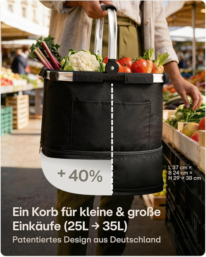 Praknu Einkaufskorb Faltbar Gross – 2 in 1 Erweiterbar 25L auf 35L – Abnehmbarer & Waschbarer Bezug