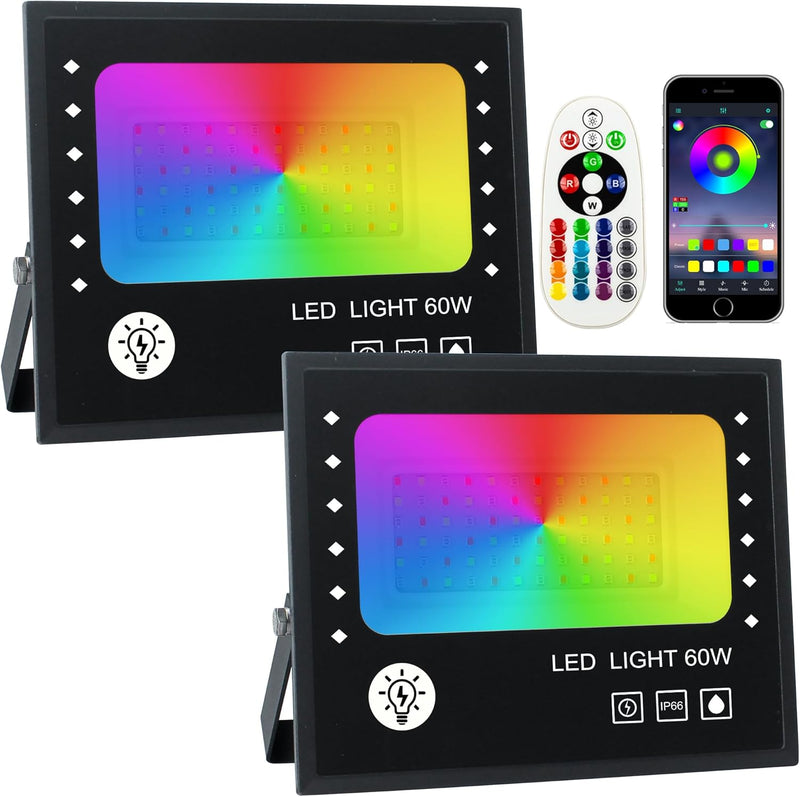 RGB LED Strahler, 2 Stück Aussen 60W Flutlicht Mit Fernbedienung Und Bluetooth APP, 16 million Farbe