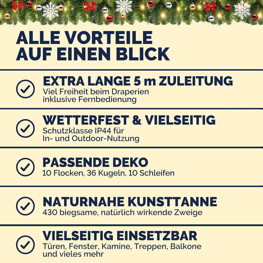 CASARIA® Weihnachtsgirlande Beleuchtet Deko Fernbedienung 5m 80 LED Timer Dimmbar 7 Leuchtmodi Ausse