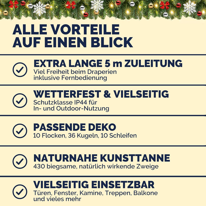 CASARIA® Weihnachtsgirlande Beleuchtet Deko Fernbedienung 5m 80 LED Timer Dimmbar 7 Leuchtmodi Ausse