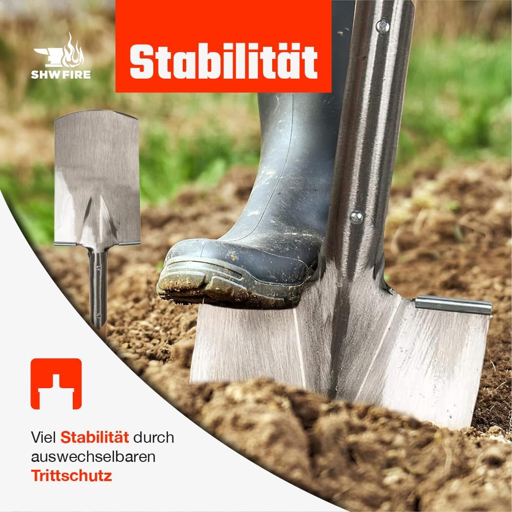 SHW-FIRE Spaten - ideal für Harte, steinige Böden, Trittkante und 110cm Stiel mit Knopfgriff - robus