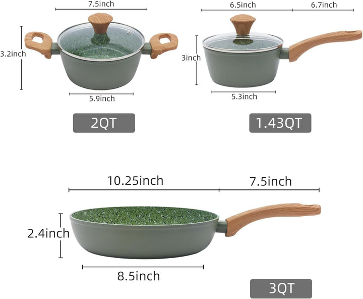 Green Antihaft-Set: 6"-Topf (Saucepan), 8,5"-Pfanne (Frying Pan) &amp; 7"-Schmortopf (Stockpot) - Kombin