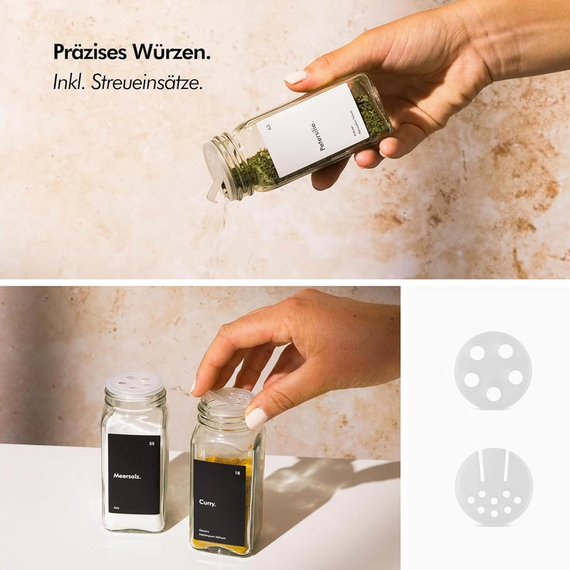 KIVY Gewürzgläser mit Streueinsatz [24x 120ml] + 240 Wasserfeste Label - Luftdichte Gewürzgläser Gol
