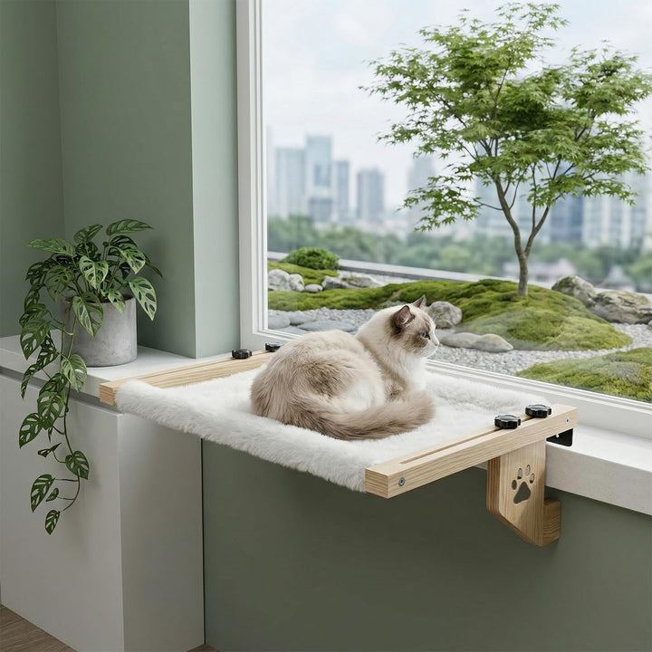 Heizungsliege Katze, Fensterbank Katzenliege Fenster aus Holz mit Waschbarem Plüschkissen, Katzenbet