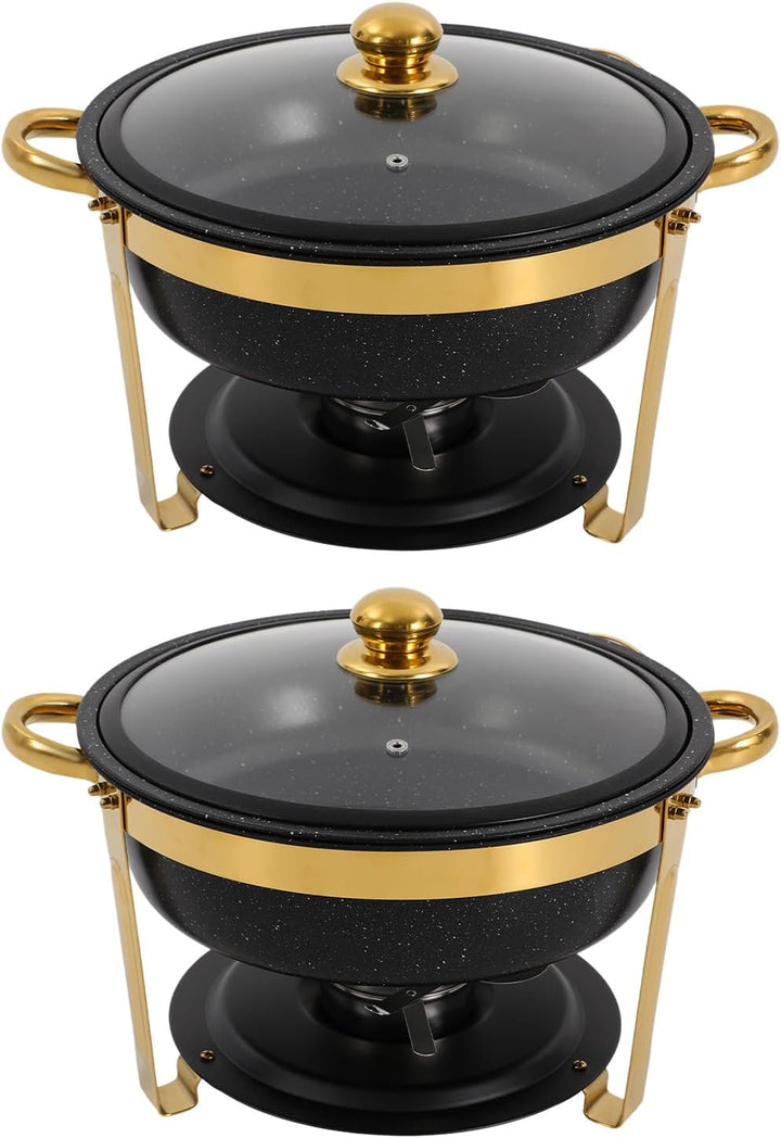 2er Warmhaltebehälter Essen, 5L Rund Edelstahl Chafing Dish Set mit Glasdeckel, Kalt &amp; Heiss Stapelb
