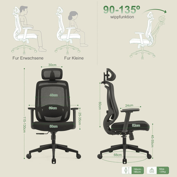 CALIYO Icon-H Bürostuhl Ergonomisch, Schreibtischstuhl mit Verstellbarer Kopfstütze, Armlehnen, Lend