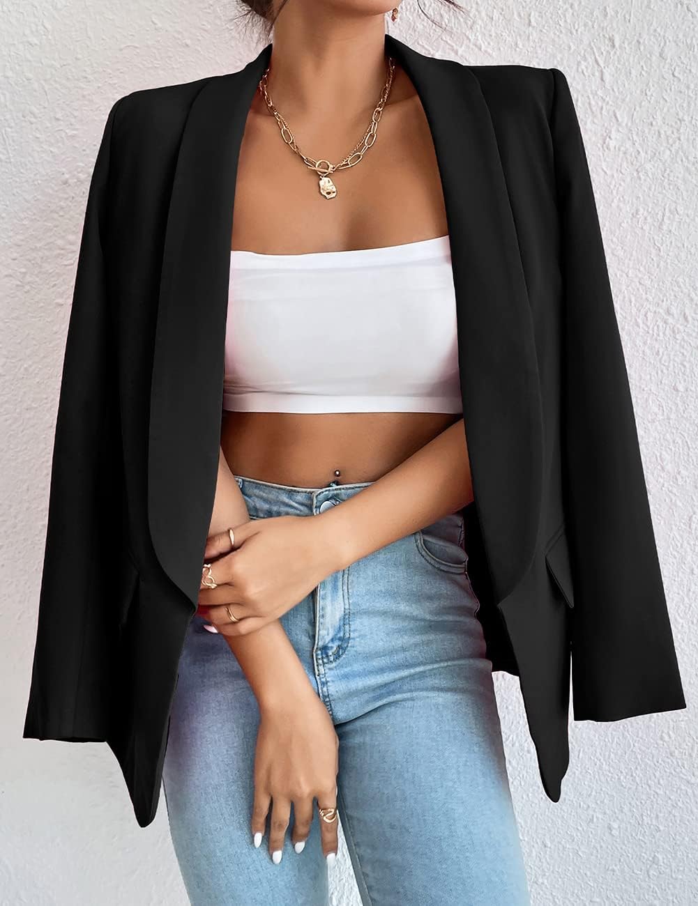 Damen Blazer Langer Casual Open Front Blazer Arbeit Büro Jacken mit Taschen Schwarz S, Schwarz S