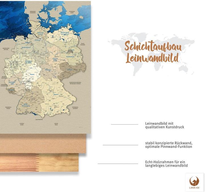 LanaKK - Deutschlandkarte Leinwandbild mit Korkrückwand zum pinnen der Reiseziele "Deutschlandkarte