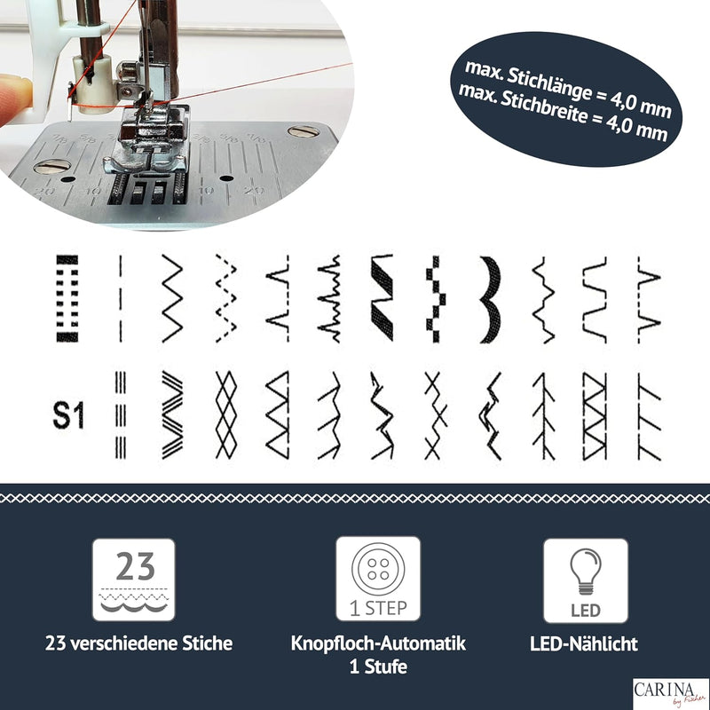 CARINA Classic II Nähmaschine I 23 Stichprogramme I Einfädelhilfe I Auto-Fadenspannung & Fadenabschn