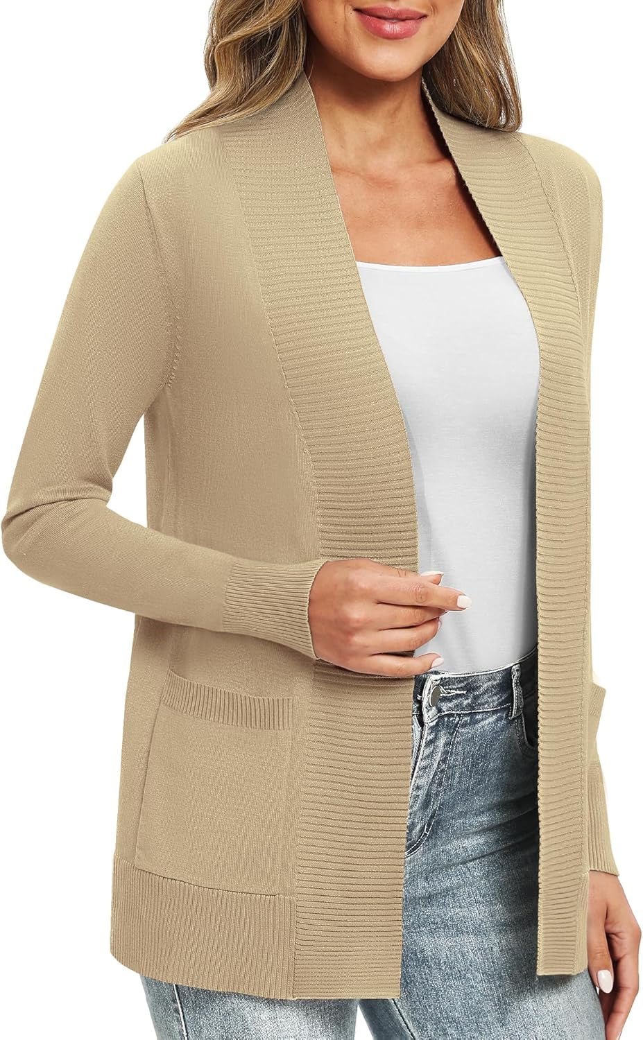 EXCHIC Damen Lange Ärmel Gestrickt Strickjacke Leicht Gemütlich Offene Vorderseite Lange Freizeitjac