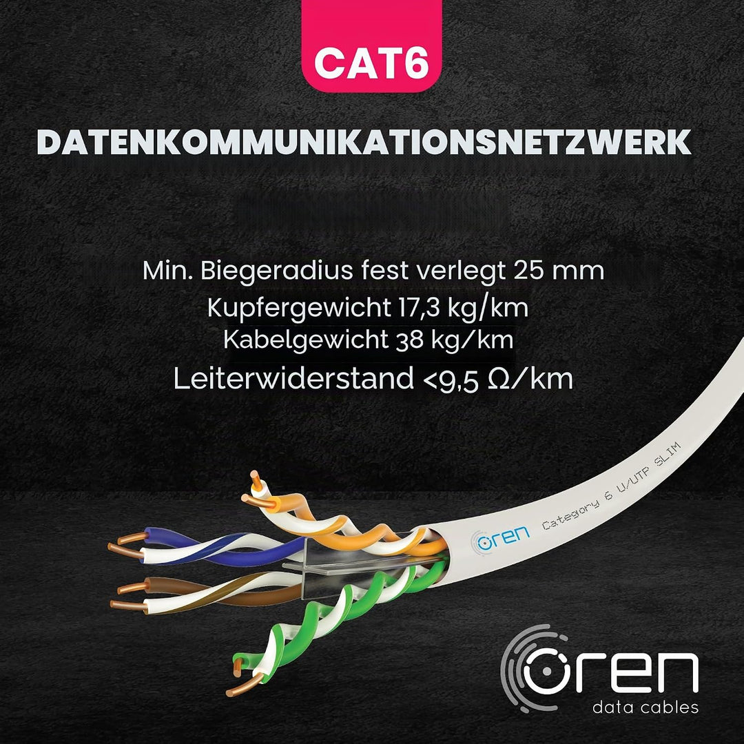Oren CAT6 100m Ethernet Kabel Weiss - Schlank - 23 AWG Reines Kupferdraht - 250 MHz Bandbreite UTP I