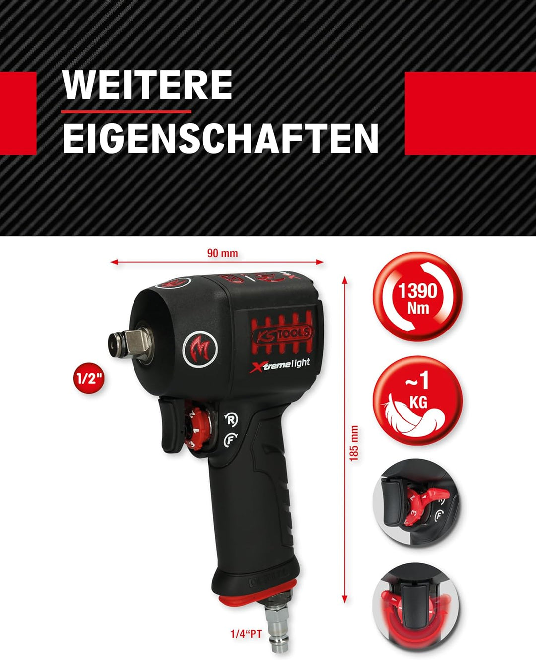 KS Tools 515.1150 1/2" Minimonster Xtremelight Rückenschonender Hochleistungs-Druckluft-Schlagschrau