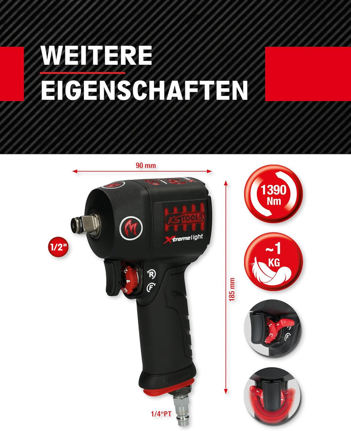 KS Tools 515.1150 1/2" Minimonster Xtremelight Rückenschonender Hochleistungs-Druckluft-Schlagschrau