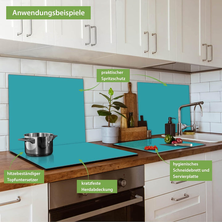 banjado® Herdabdeckplatte Glas 1-teilig 60x52 cm/Schneidebrett Herdabdeckung mit Motiv Türkis/Herdab