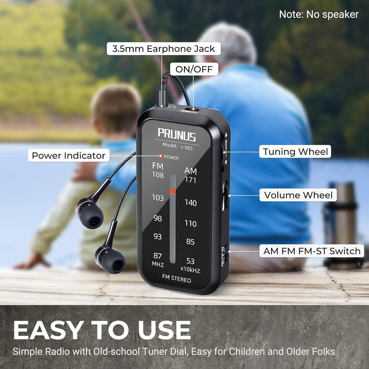 PRUNUS J-985 Mini Radio Klein UKW/FM/AM-Transistorradio, Taschenradio mit Kopfhörern (Stereo-Sound b