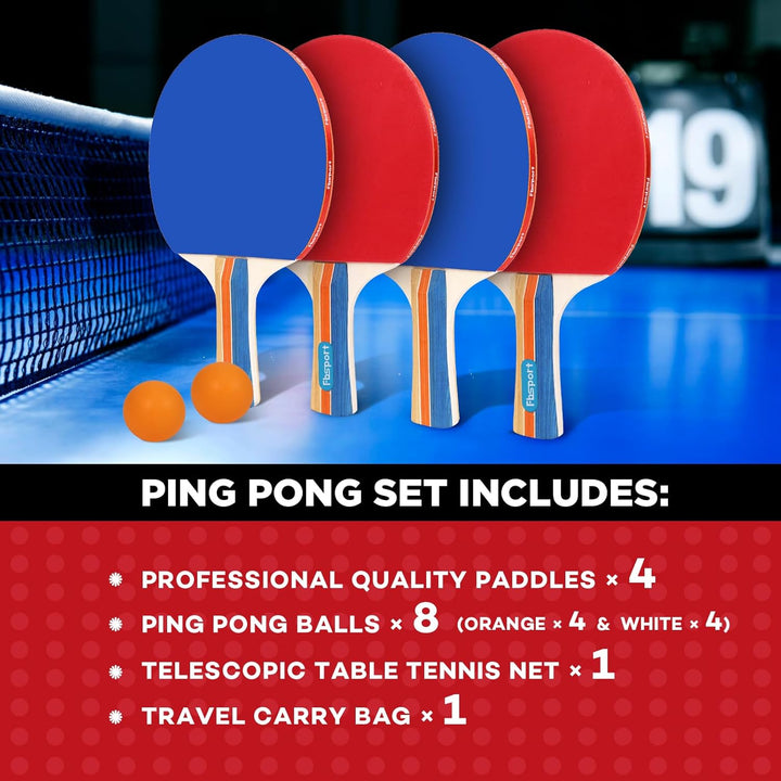 Tischtennisschläger Set Profi, Tischtennis Set mit 4 Schläger, Einziehbarem Netz, 8 Tischtennis Bäll